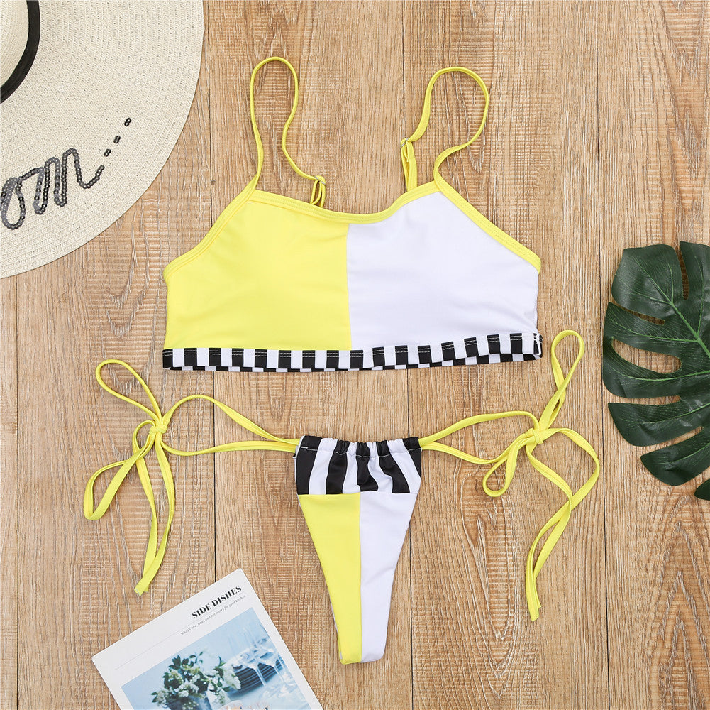 Yellow & White Thong Two Piece Bikini