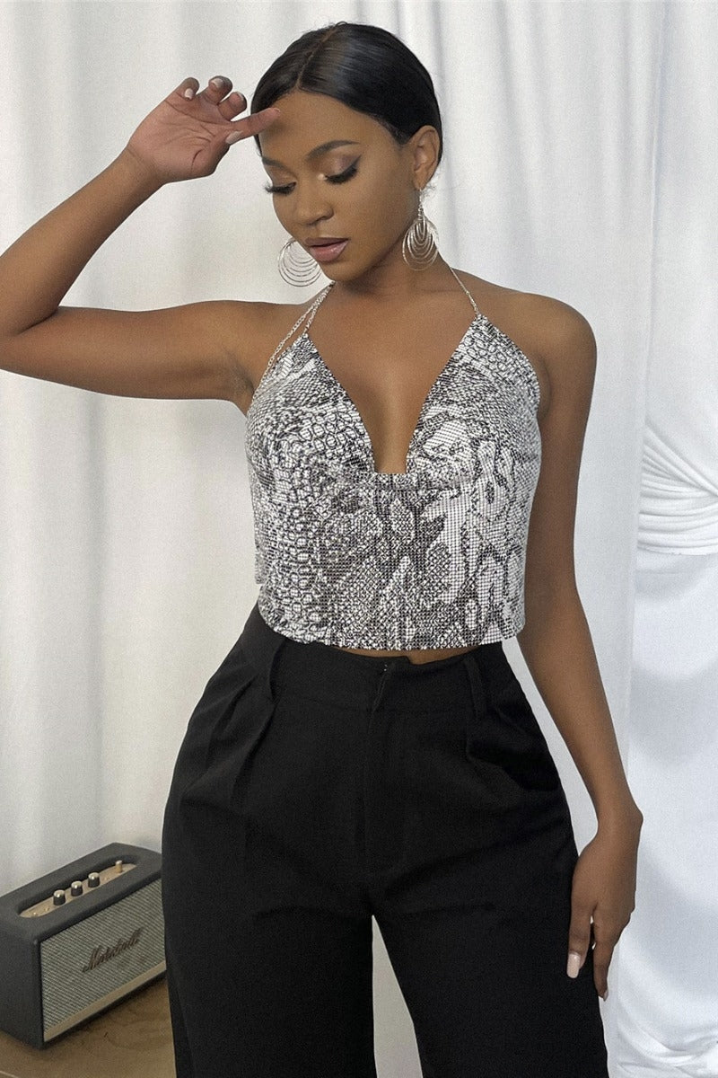 Snakeskin Rhinestone Chain Link Crop Top