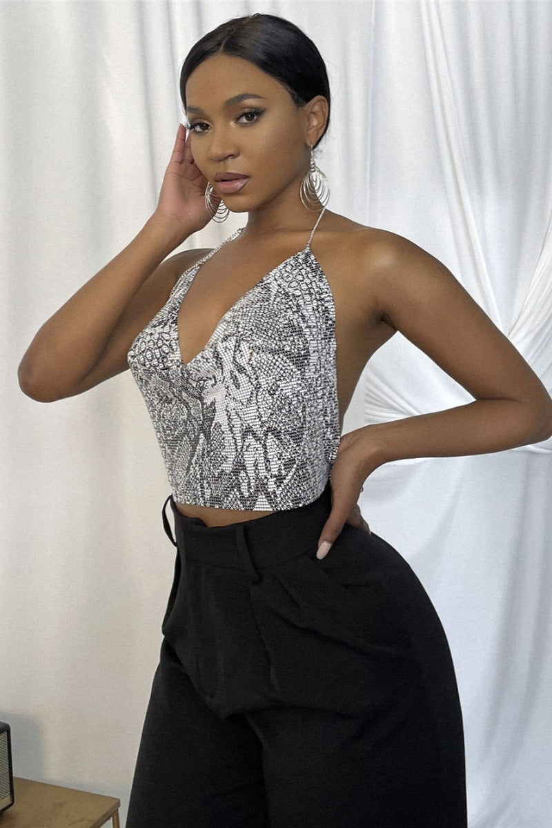 Snakeskin Rhinestone Chain Link Crop Top