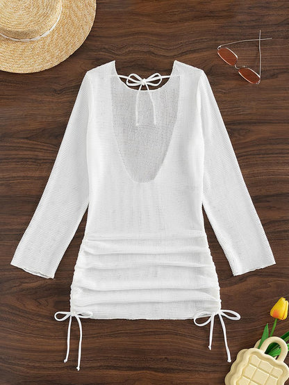 White Knitted Backless Long Sleeve Cover Up