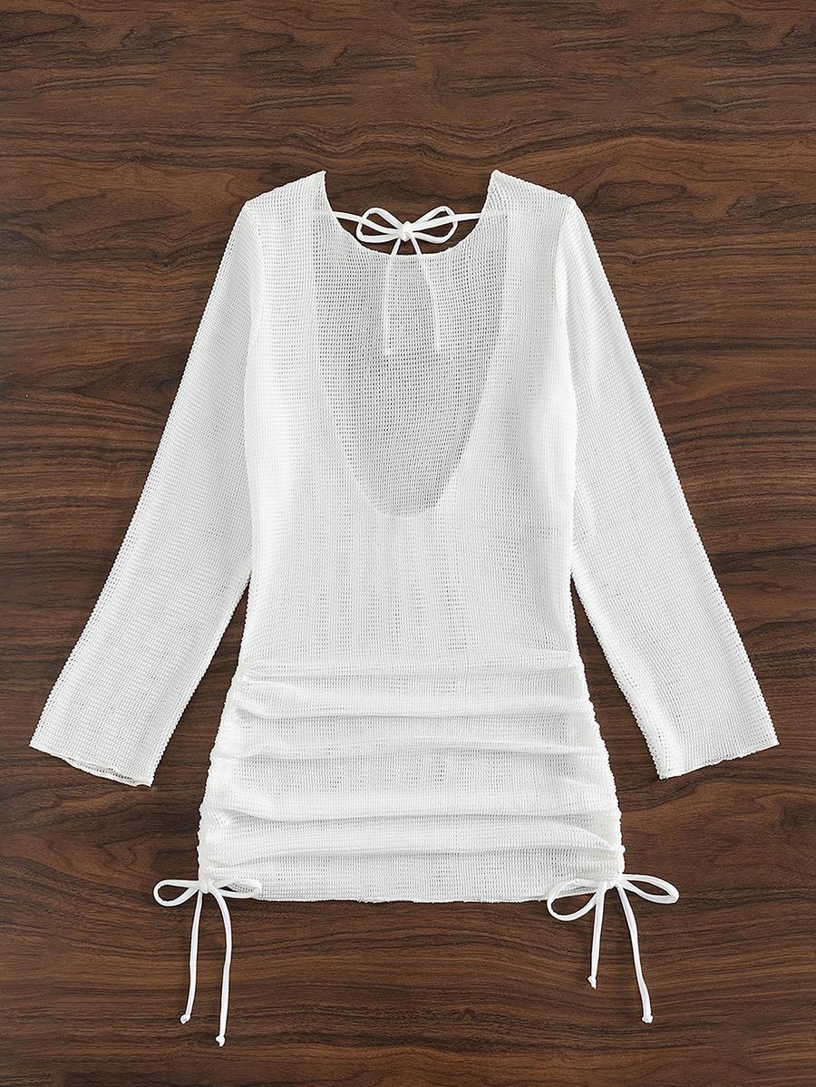 White Knitted Backless Long Sleeve Cover Up