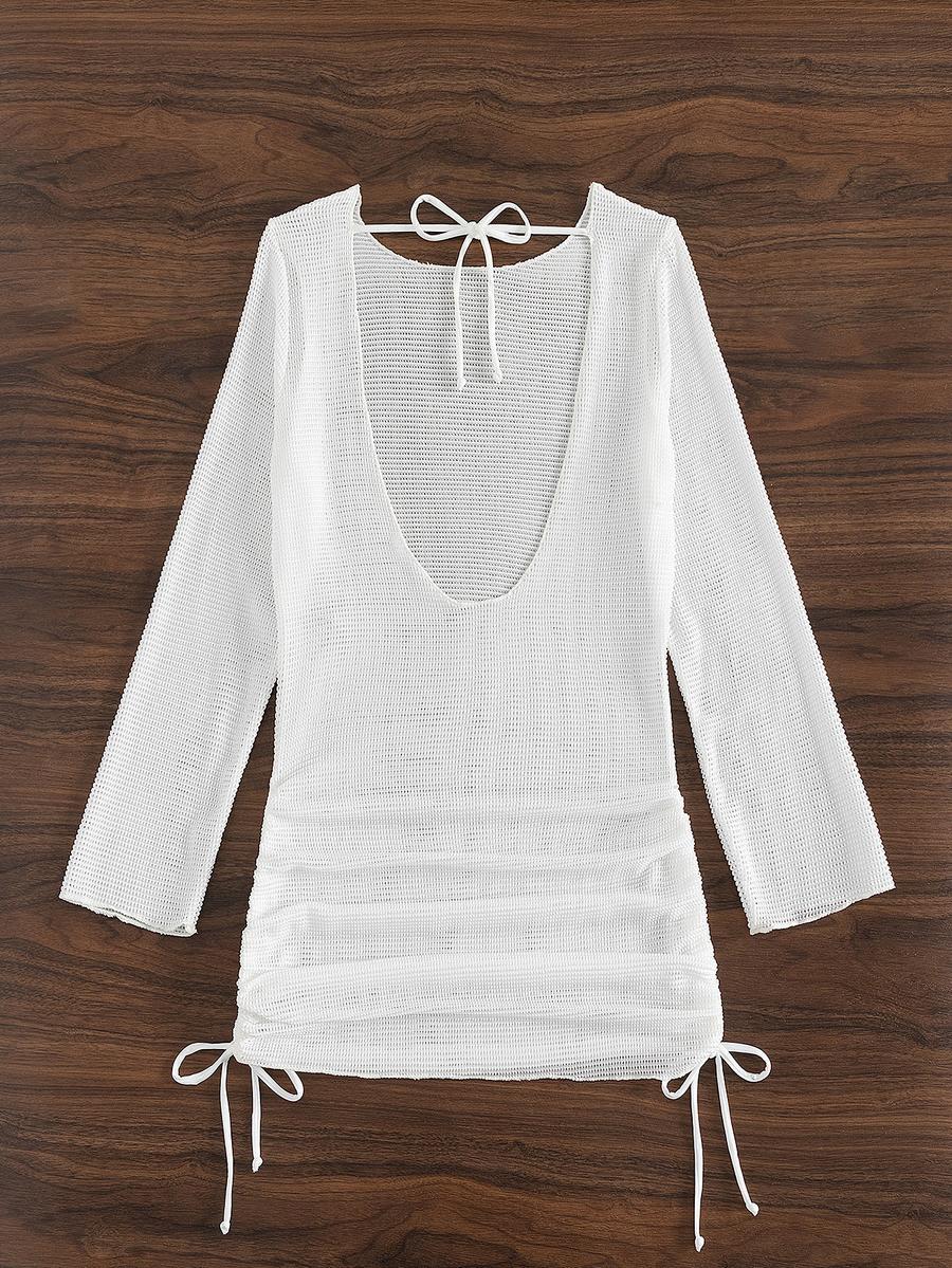 White Knitted Backless Long Sleeve Cover Up